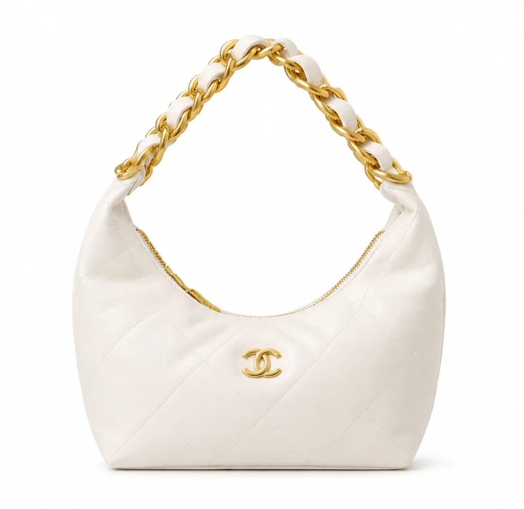 Chanel White Quilted Chain Hobo Bag
