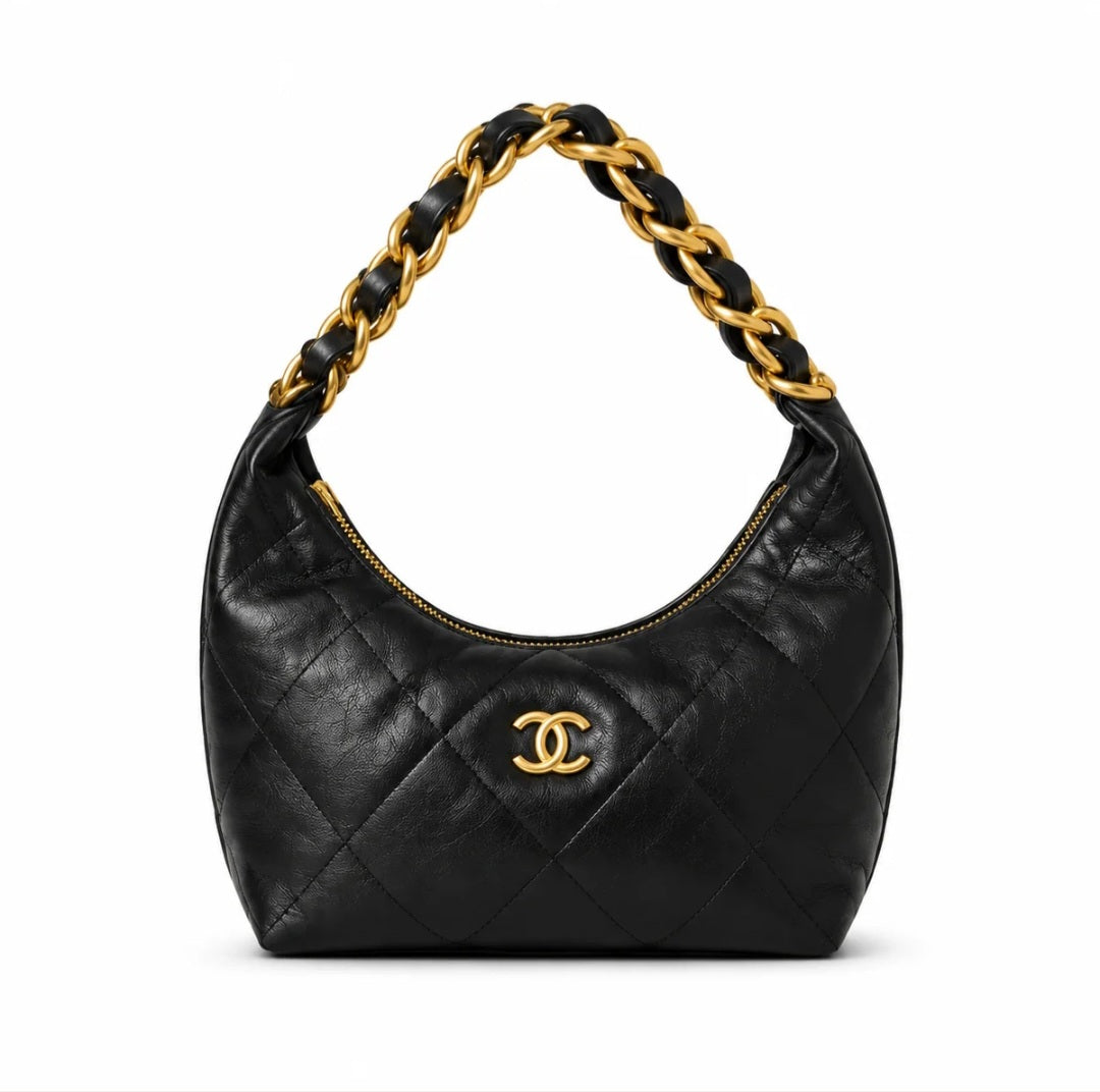 Chanel Black Quilted Chain Hobo Bag