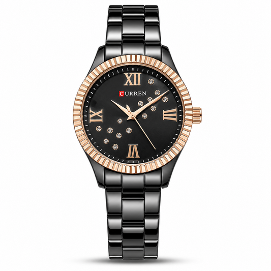 Curren Women's Black Rose Gold Crystal Watch