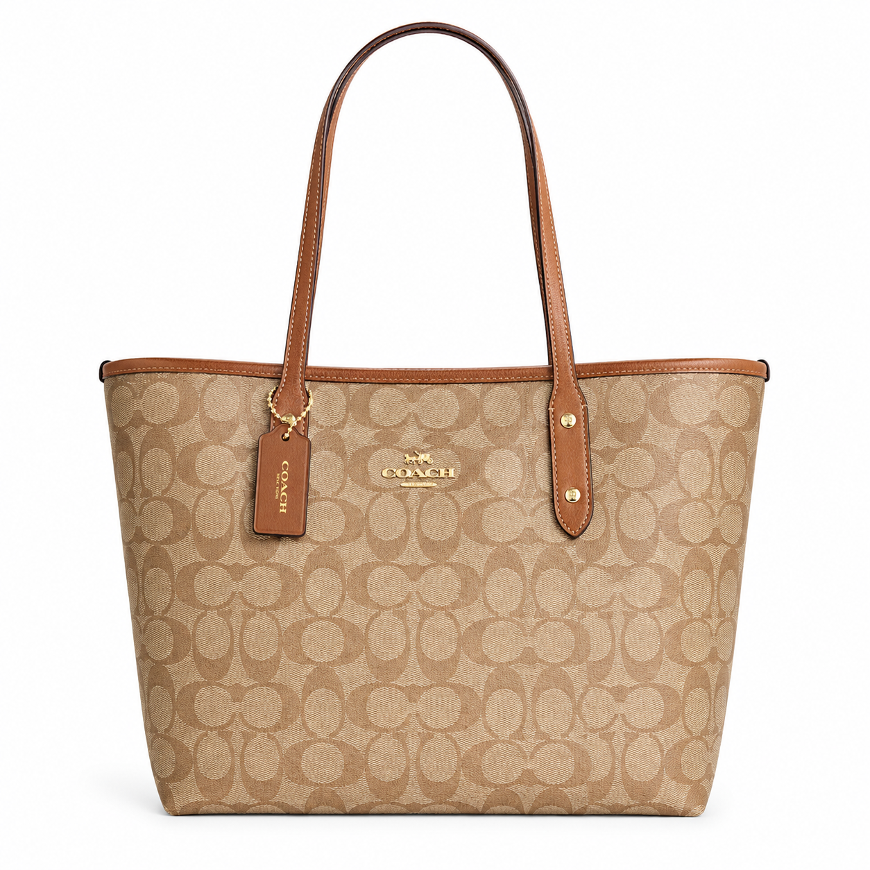 Coach Signature Zip Top Tote – Khaki/Saddle Brown